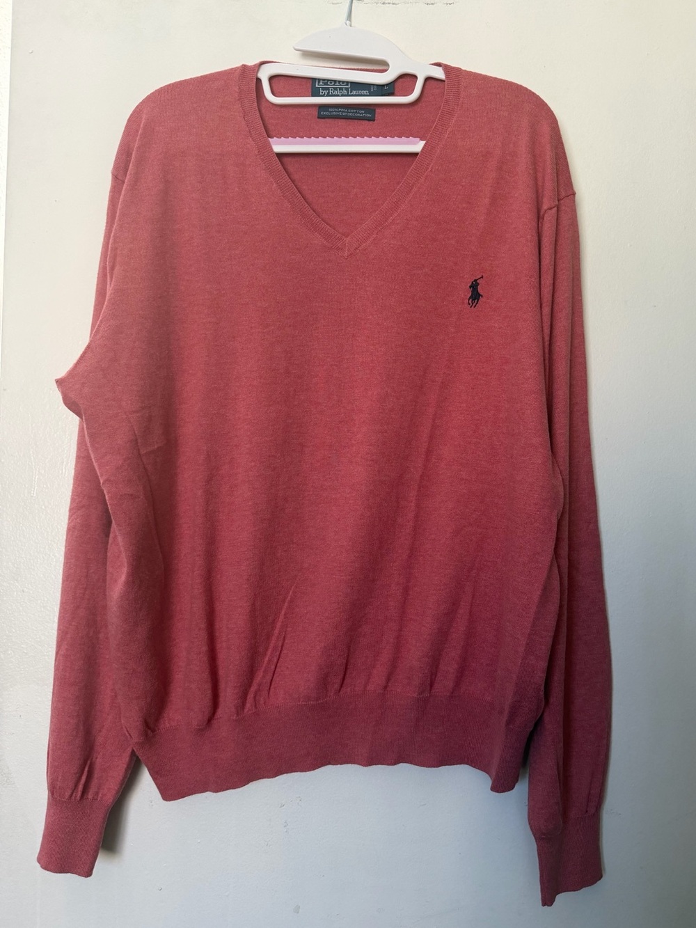 Polo Ralph Lauren Pima Cotton V-Neck Sweater Men’s Large Coral Pink Pony Logo